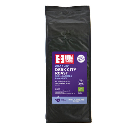 Front of Organic Dark City Roast 1kg coffee bag