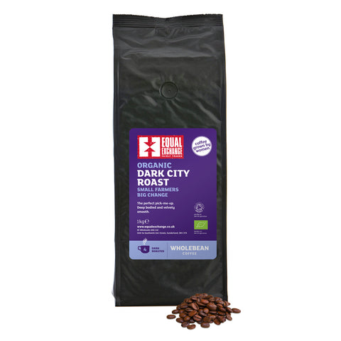 Front of Organic Dark City Roast 1kg coffee bag with dark roasted beans