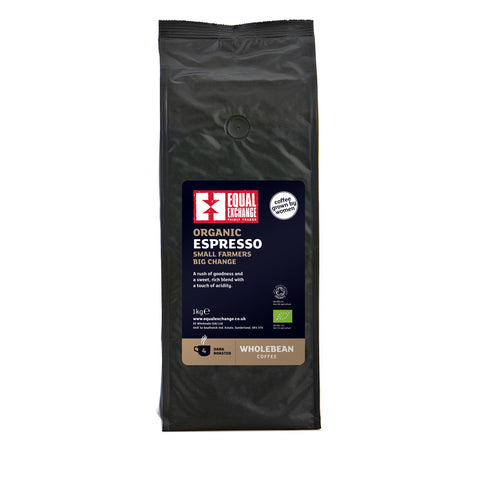 front of Organic Espresso dark roast 1kg coffee bag