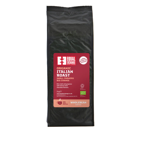 front of Organic Italian Roast coffee 1kg bag