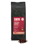 front of Organic Italian Roast coffee 1kg bag with pile of roasted beans