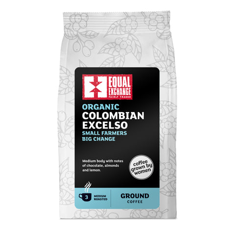 front of Organic Colombian Excelso medium roast coffee bag