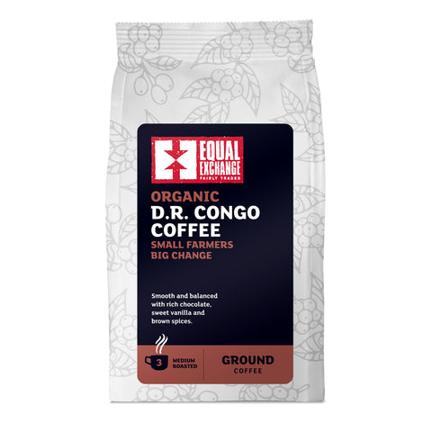 front of Organic D.R. Congo medium roast coffee bag