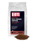 front of Organic D.R. Congo medium roast coffee bag with pile of ground coffee