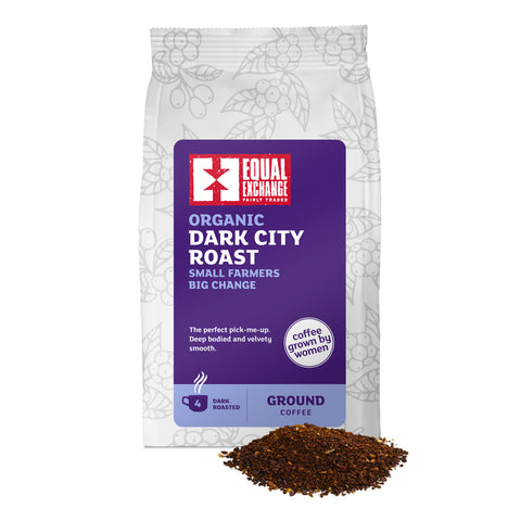 Organic Dark City Roast Ground Coffee bag with a pile of ground coffee