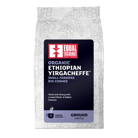 front of Organic Ethiopian Yirgacheffe medium roast coffee bag