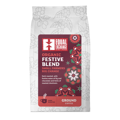 front of Organic Festive Blend ground coffee bag