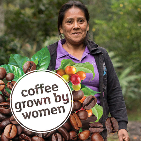 white circle logo with coffee grown by women lettering over photo of coffee farmer Maria Asuncion Mejia of La Union Cooperative in Dipilto, primary co-op of PRODECOOP in Nicaragua standing on her coffee farm