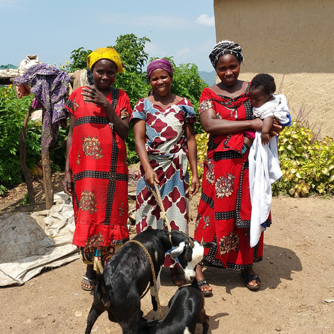 three women of SOPACDI co-op standing with goats and holding a baby in front of stucco house in DRC