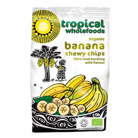 A bag of Tropical Wholefoods organic dried banana chewy chips that reads 100% fruit bursting with flavour