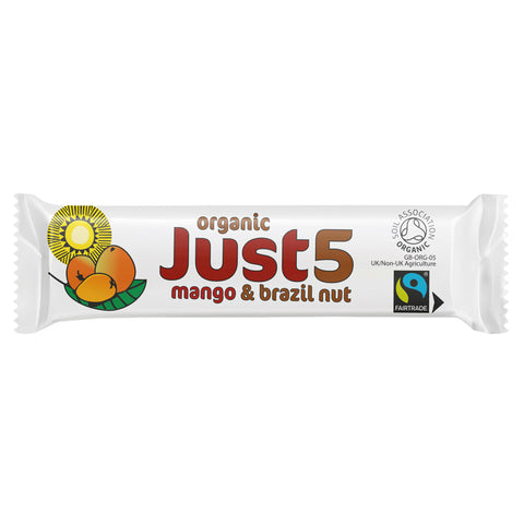 Front of organic Just 5 mango and brazil nut snack bar