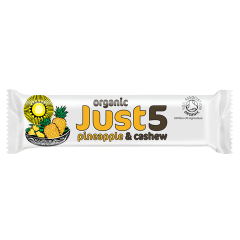 Front of organic Just 5 pineapple and cashew snack bar