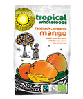 A bag of Tropical Wholefoods fairtrade organic dried Mango that reads 100% fruit bursting with flavour from Burkina Faso