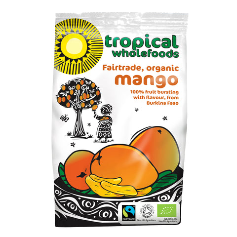 A bag of Tropical Wholefoods fairtrade organic dried Mango that reads 100% fruit bursting with flavour from Burkina Faso