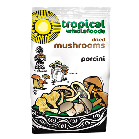 A bag of Tropical Wholefoods dried porcini mushrooms