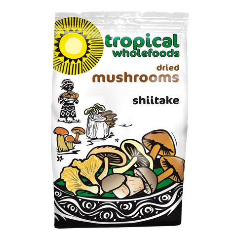 A bag of Tropical Wholefoods dried shiitake mushrooms