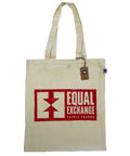 flat natural colored tote bag with red Equal Exchange logo printed on front