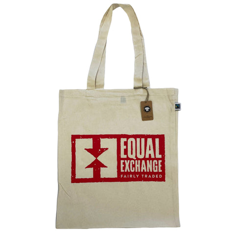 flat natural colored tote bag with red Equal Exchange logo printed on front